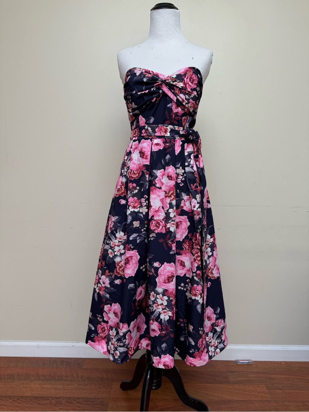 1901 Strapless Floral Midi Dress Navy Pink Twist Front Tie Waist Size 6